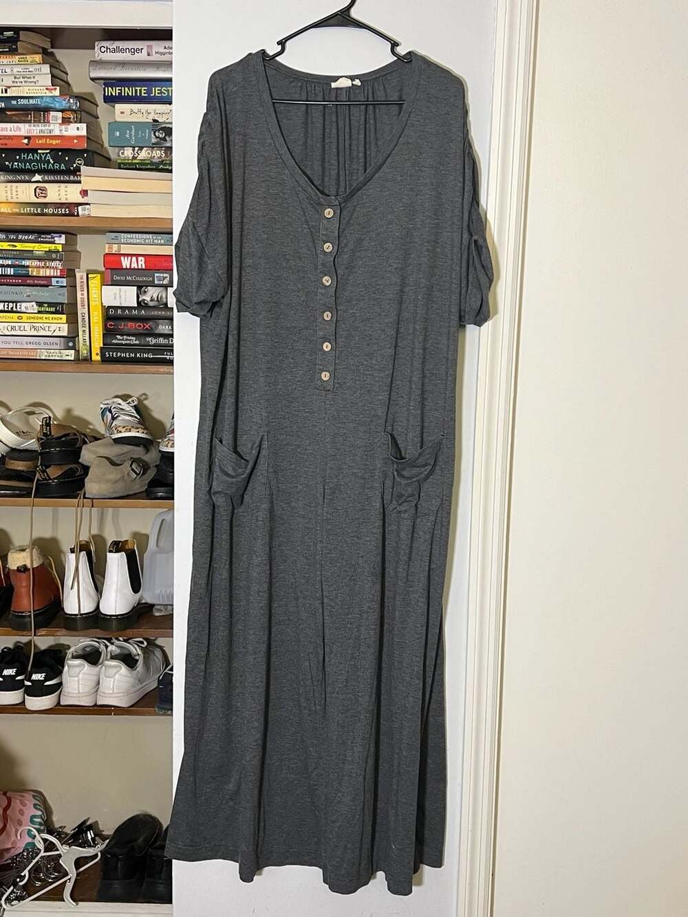 Suzanne Betro Simple Dark Gray Short Sleeve Button-Front Jumpsuit